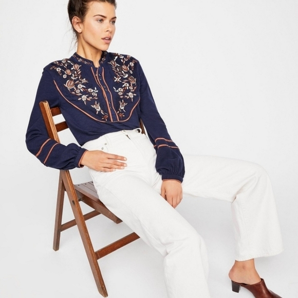 Free People Sundance Embroidered Henley Top - Picture 2 of 8